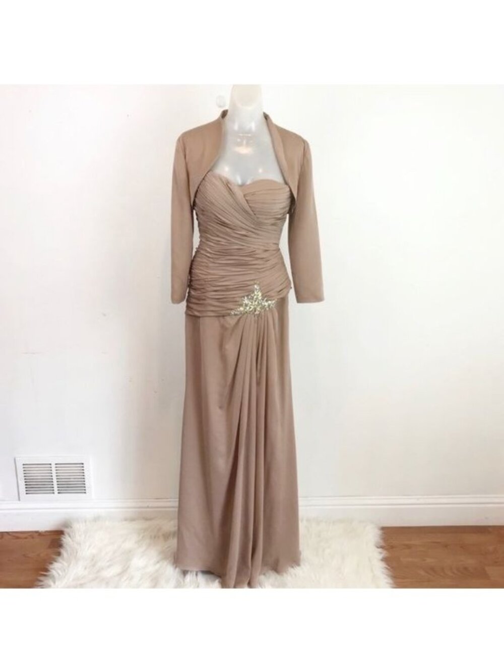 Franssical A-Line Ruched 2pcs Gown w/Bolero jacket tan color size 6
